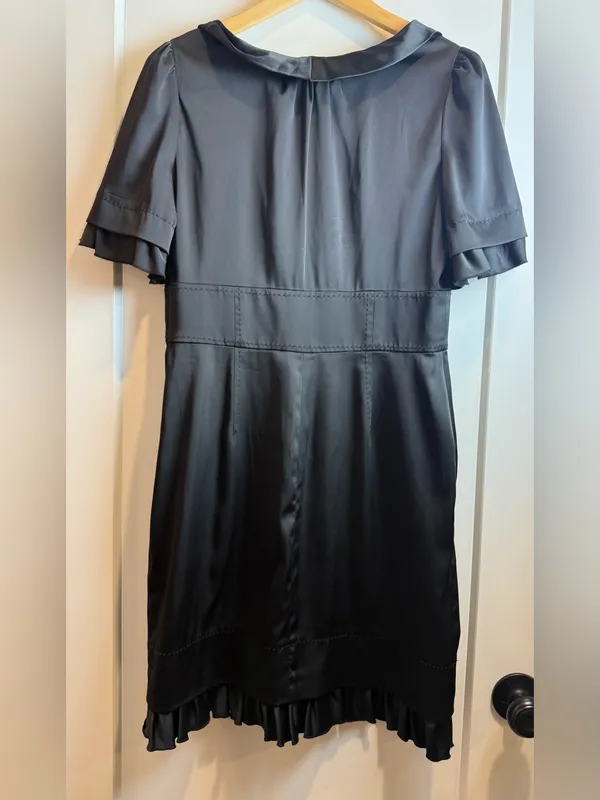 Phoebe Couture Blk Satin Tie Neck Cocktail Dress Flutter Sleeve Ruffle Hem Size8 - Image 8