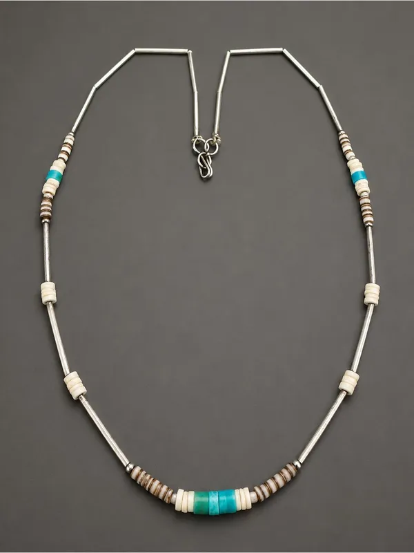 Vintage Southwestern Turquoise Liquid Silver Heishi Shell Necklace - Image 2