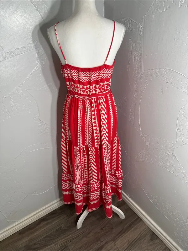 Vero Moda Soft Red & White Cotton Maxi Dress – Boho Geometric Print. - Image 8