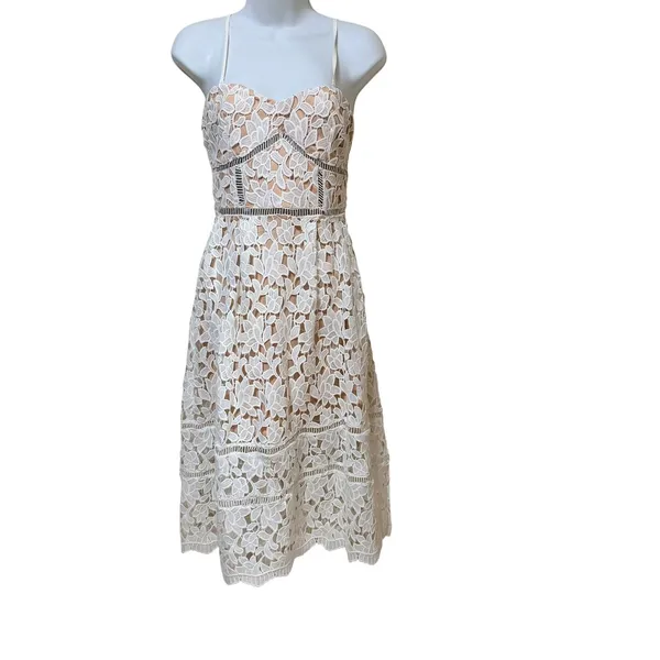 Lulus White Floral Lace Midi Dress Nude Lining Sweetheart JMD4423 Small - Image 2