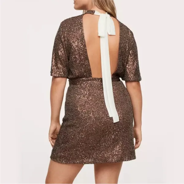 Nwot Mng Mango All Over Sequence Gold Tie Back Party Wear Dress Sz-16 - Image 6
