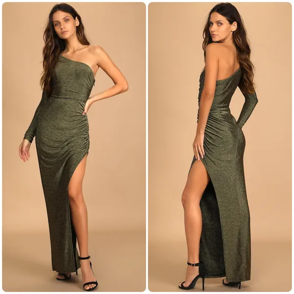 NWT Lulus Womens Precious Prize Gold Metallic Glam One‎ Shoulder Maxi Dress XS - Image 2