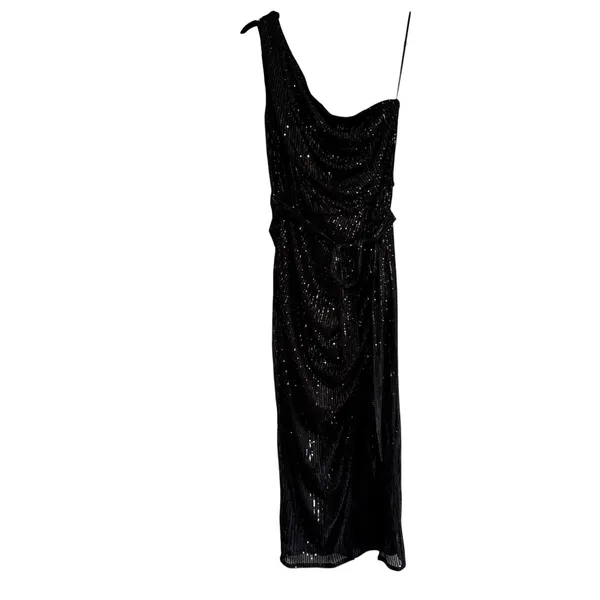 Grace Karin Black Sequin One Shoulder Maxi Dress Ruched Formal Gown Size L - Image 3