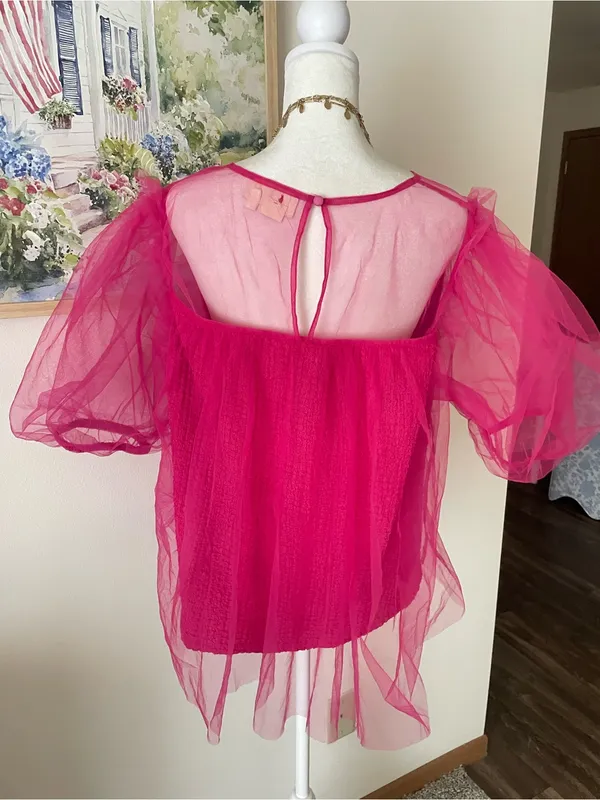 Anthropologie Sheer Mesh Tulle Puff Sleeve Blouse Top Hot Pink XL - Image 5