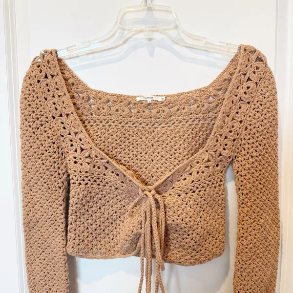 Tularosa Crochet Front Tie Cardigan Small Brown Boho Festival Open‎ Knit Beachy - Image 2