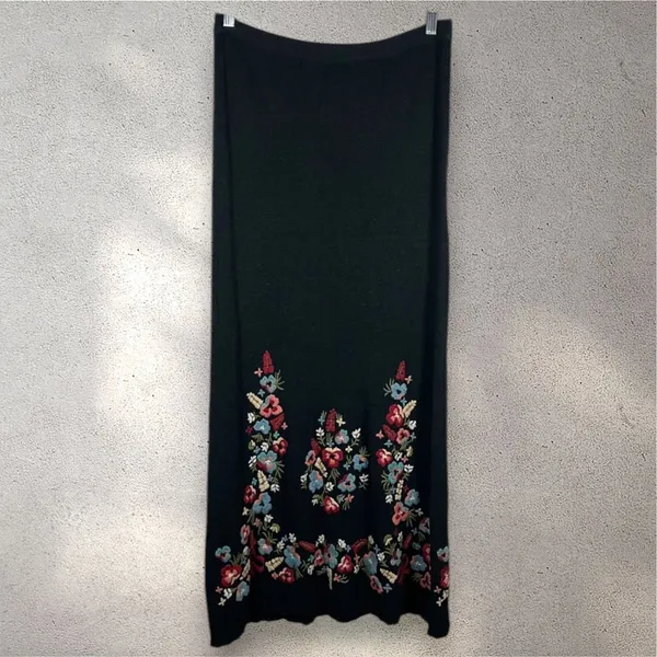 Double D Ranch Womens Embroidered Linen Maxi Skirt XS Black Floral Western Boho - Image 2