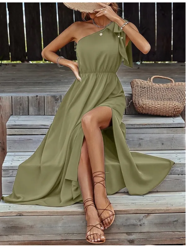 NEW Olive Green One Shoulder Maxi Dress S - Image 8