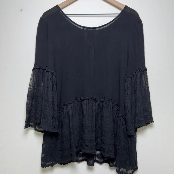 Easel Women Cotton Whimsigoth Fairy Grunge Top‎ Black Lace Bell Sleeve Peasant - Image 7