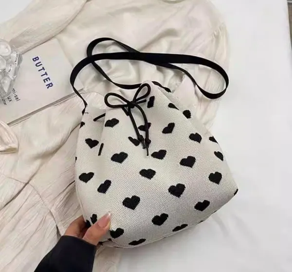 Knit Heart Pattern Drawstring Bucket Crossbody Bag 🖤✨ White - Image 3