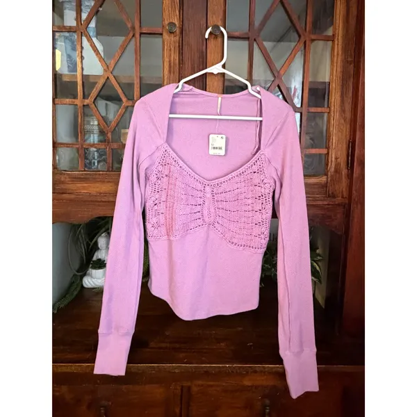 Free People Women Purple Butterfly Crochet Waffle Knit Top Size M - Image 2