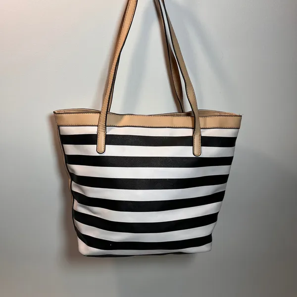 Guess Black White Stripe Tote‎ Bag Beige Trim Interior Leopard Print - Image 2