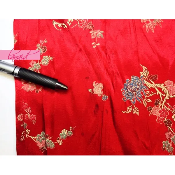 Chinese Oriental Asian Japanese Red Floral High-Rise Waist Shiny Sateen Slacks - Image 4