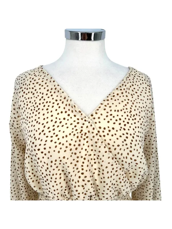 Japna Boho Romantic Peplum Retro Surplice Dot Blouse Cream Beige Size Medium - Image 2