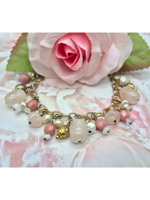 Premier Designs Dangle Charm Bead Bracelet Pink & White Accents Gold-Tone Chain - Image 4
