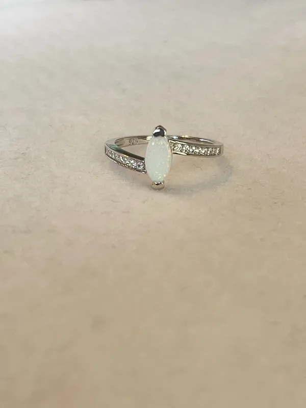 Sterling Silver White Opal Marquise Ring CZ Accents Size 9 Dainty Stackable - Image 4