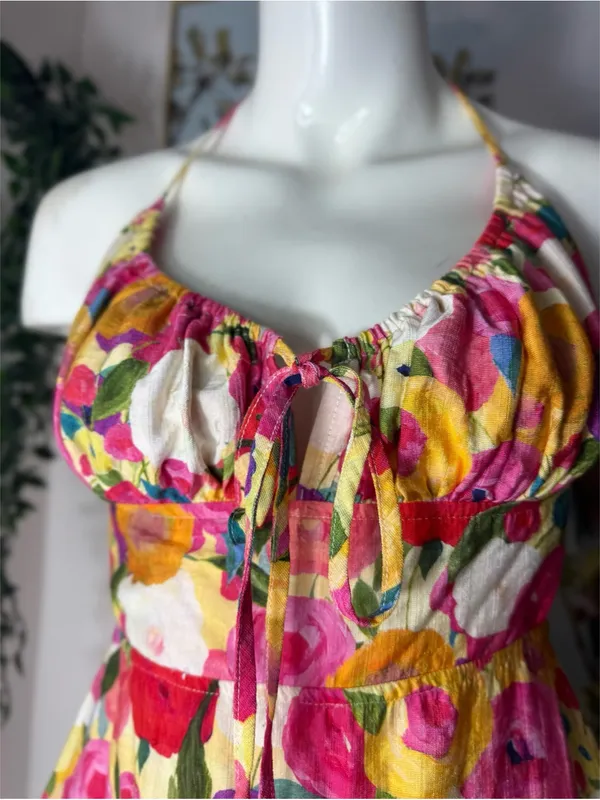 Luxxel Pink Yellow Floral Tiered Ruffle Romper Open Back Lace Up Size Medium - Image 6