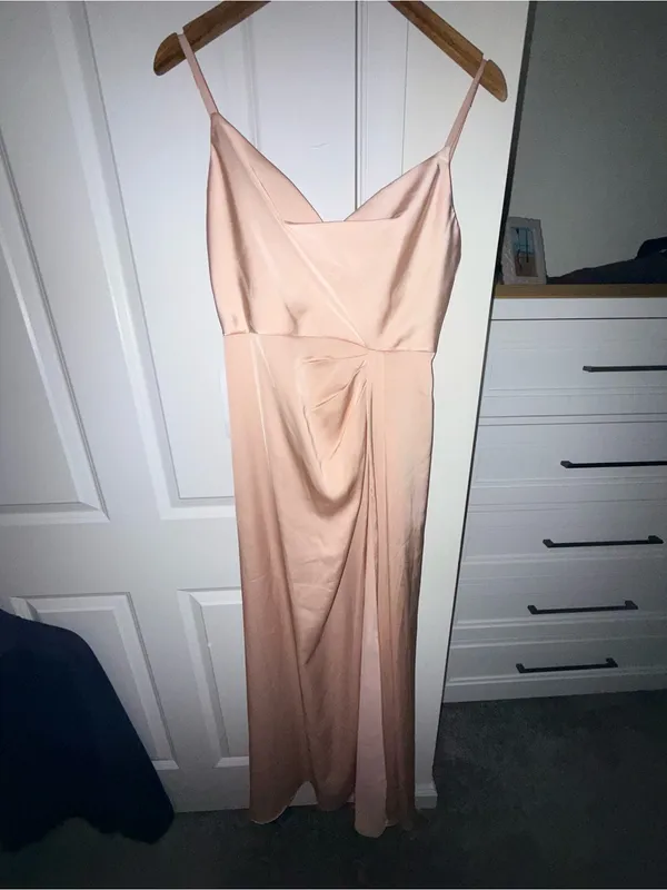 Azazie Champagne Satin Slip Dress with Twist Detail - Image 2