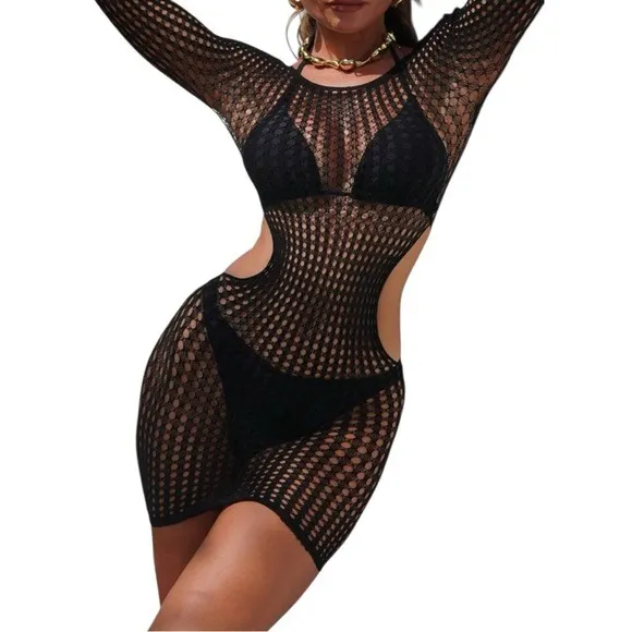 Women Black Thin Hollow Out Sheer Dress - Image 3