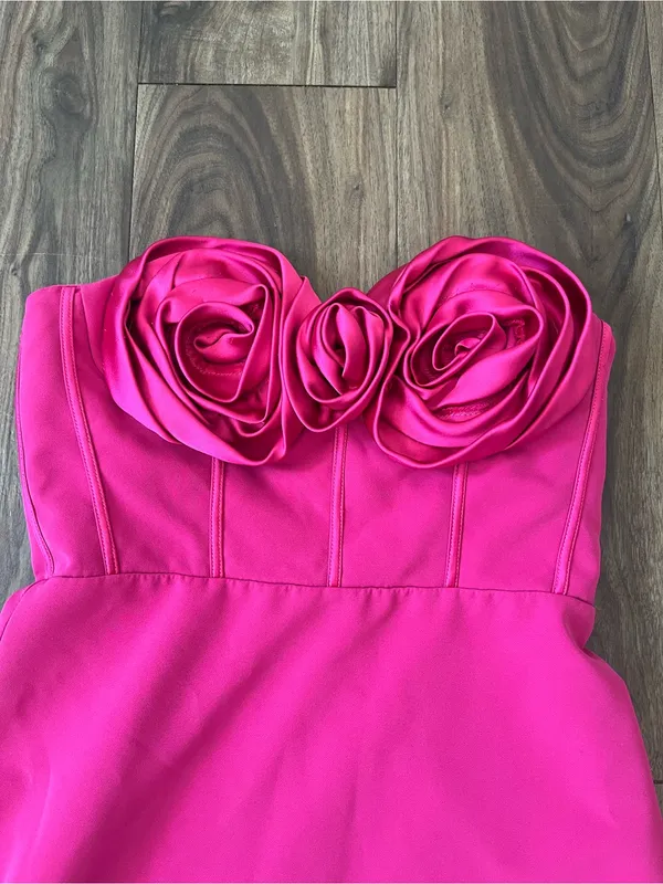 Monique Lhuillier Stella‎ Rosette Maxi Gown Dress Hot Pink Size 6 - Image 4