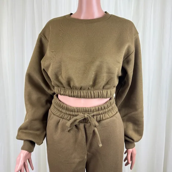 Zenana 2 Piece Crop Top Tracksuit Jogger Pants Set Outfit Workout Small Olive Green - Image 3