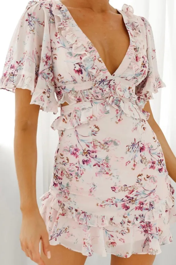 Selfie Leslie Belle Cut-Out Detail Frill Accent Dress Floral Print - Image 3