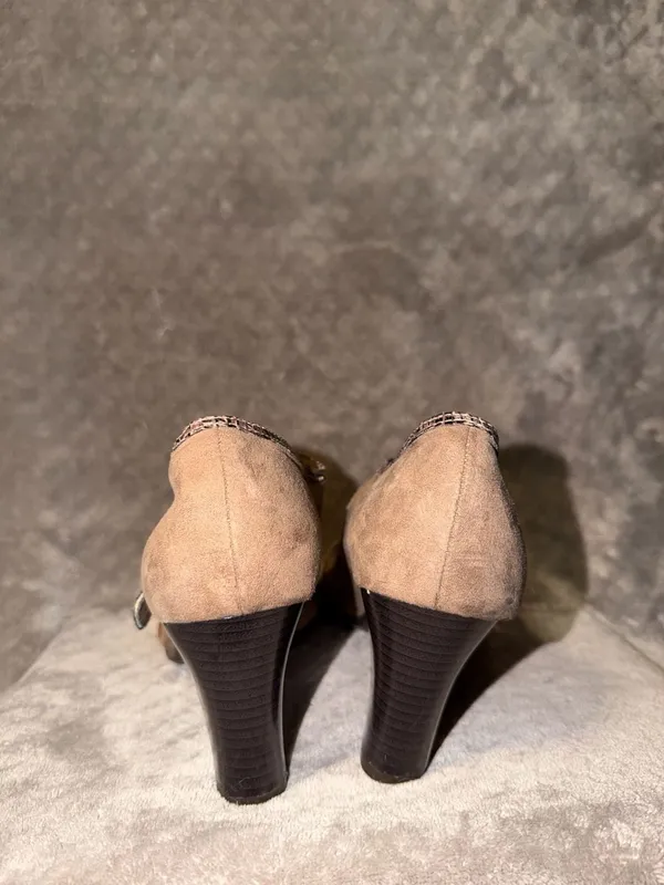 Aerosoles Water Roll Taupe Comfort Pump Mary Jane Snakeskin Trim Suede Heels - Image 4