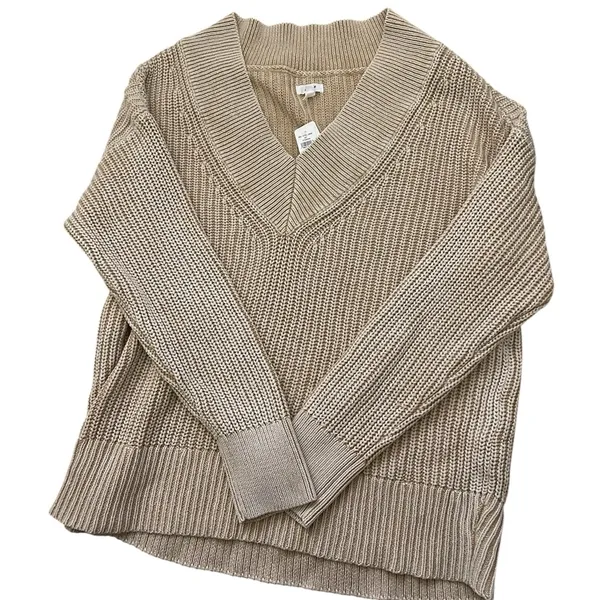 Aerie Sweater Chunky Deep V Neck Oversized 100% Cotton Beige M NWT - Image 5