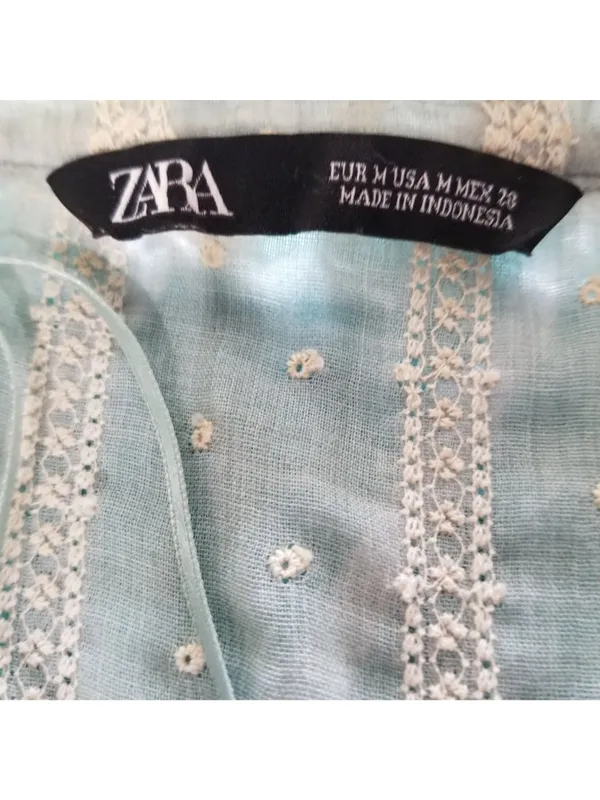 Zara Sheer Blue Embroidered Boho Blouse Womens Medium Long Sleeves Lace Details - Image 2