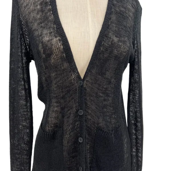Eileen Fisher Linen‎ Blend Sheer Knit V Neck Cardigan Sweater Black Size XS - Image 3