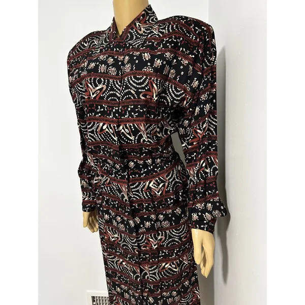 Vintage Maggy London Black Burgundy Geometric Floral Rayon Midi Dress Size 10 - Image 4