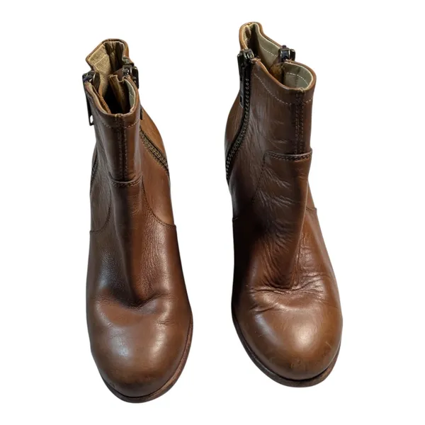 Hinge Cognac Brown Heavy Leather Double Zip Stacked Block Heel Ankle Boots Sz 10 - Image 2