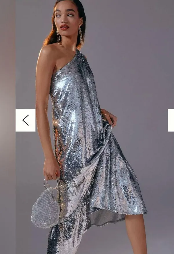 NWT MAEVE Anthropologie One Shoulder Sequin Ruffle Maxi Dress Silver XS - Image 2