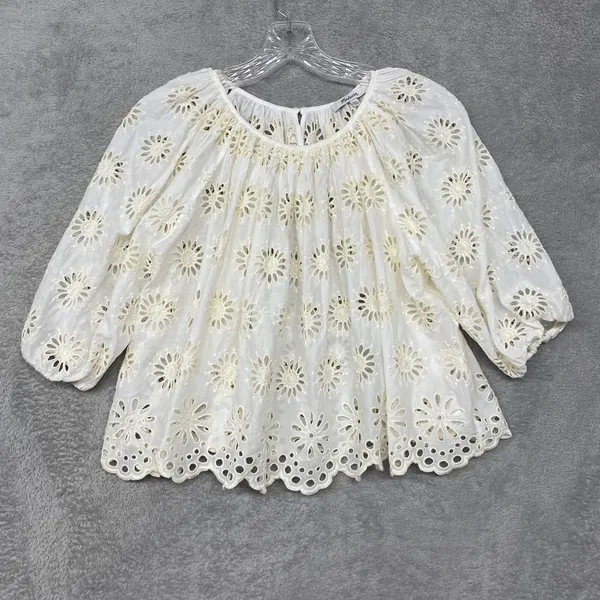 Madewell‎ Top Womens 2XS Embroidered Shirred Puff Sleeve Eyelet Cream NV195 - Image 5