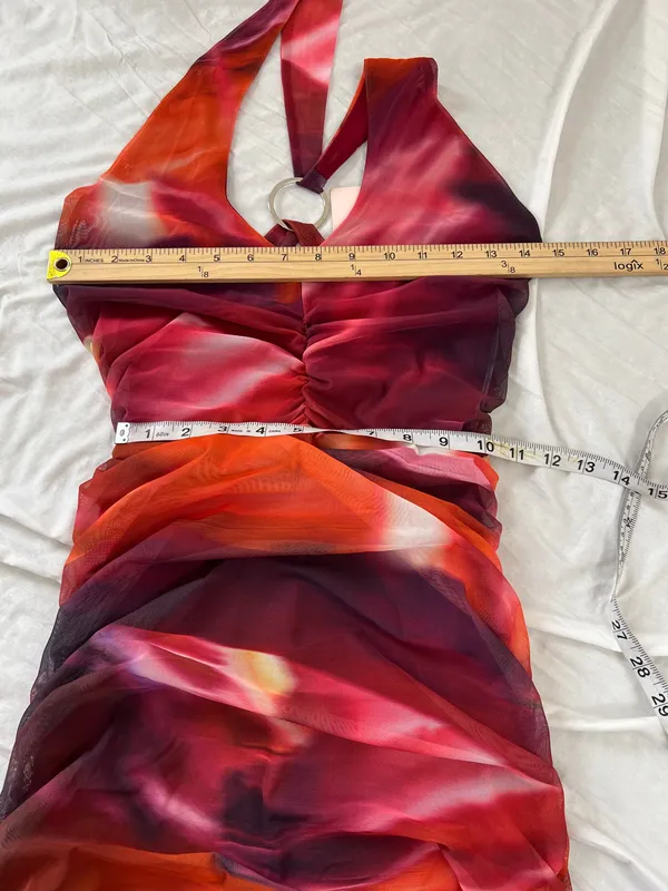 NWT Oh Polly Orange Red Abstract Ruched Mesh Bodycon Mini Dress V-Neck Size 6 - Image 7