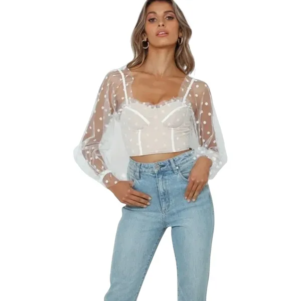 Hello Molly Malibu‎ Sunset Top White Beige Polka Dot Mesh Corset Crop M US 6 - Image 11