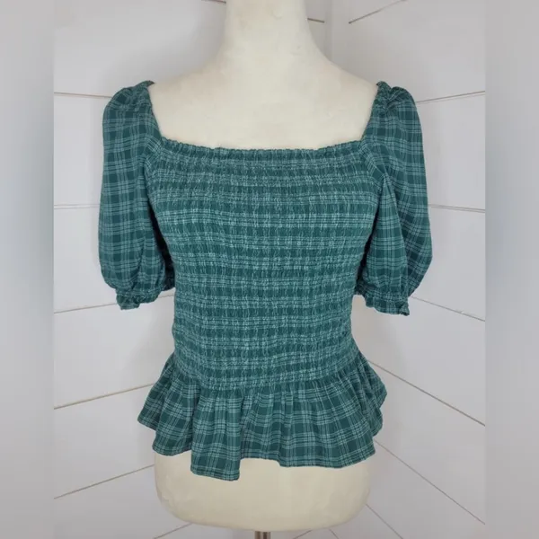 J.Crew Green Plaid Smocked Peplum Top Puff Sleeve Square Neck‎ Women’s Small - Image 3