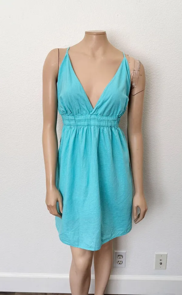 [Aerie] Blue Linen Blend Side Tie Elastic Waist V-Neck Low Back Mini Dress XXL - Image 2