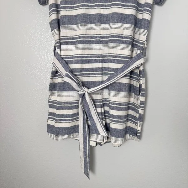 MADEWELL Size-M Romper Perimeter Striped Linen Blend Navy Blue Belted - Image 14