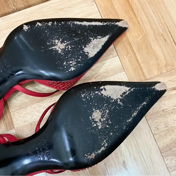 Vintage ESCADA Red Satin Embellished Pointy Toe Sling Back High Heels Pump 37 - Image 14