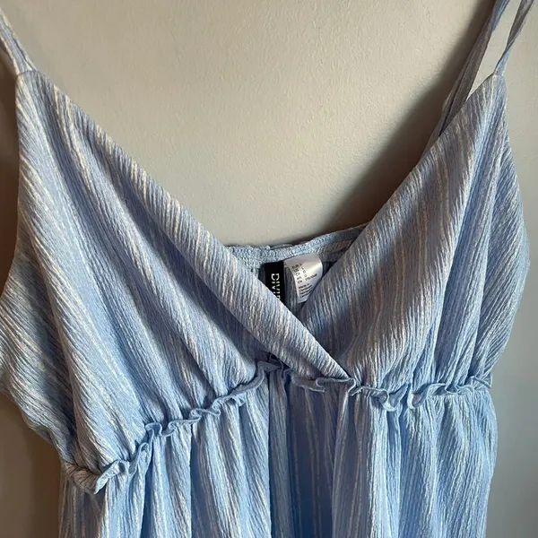 H&M Divided lighht Blue Babydoll Mini Dress size Large Pastel Striped Tiered‎ - Image 7
