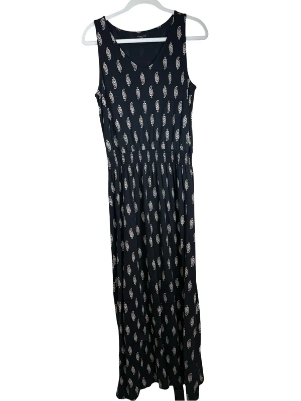 Garnet Hill Black Print Smocked Waist Maxi Dress M - Image 2