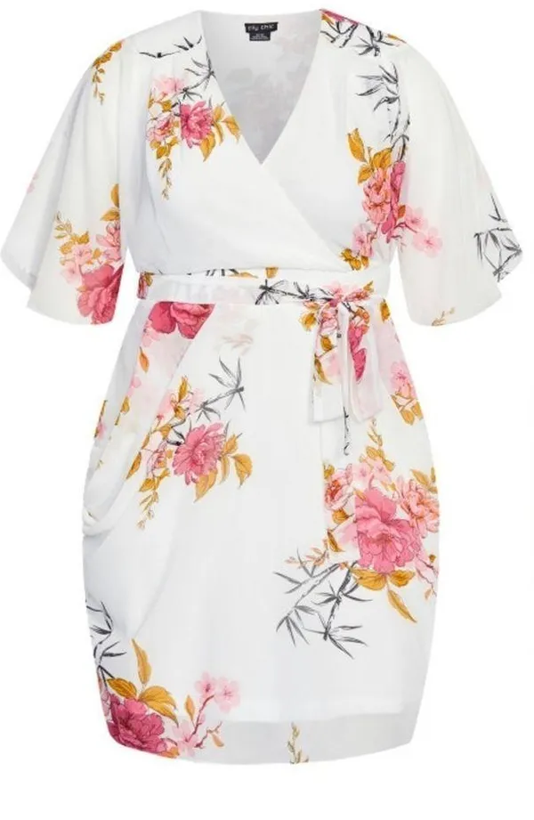 City Chic Beloved Wrap Dress Ivory Floral Knee Length Size 18 - Image 4