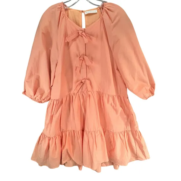 Karlie Bow Poplin Dress Womens M Orange Puff Sleeves Tiered Pockets Cottagecore - Image 2