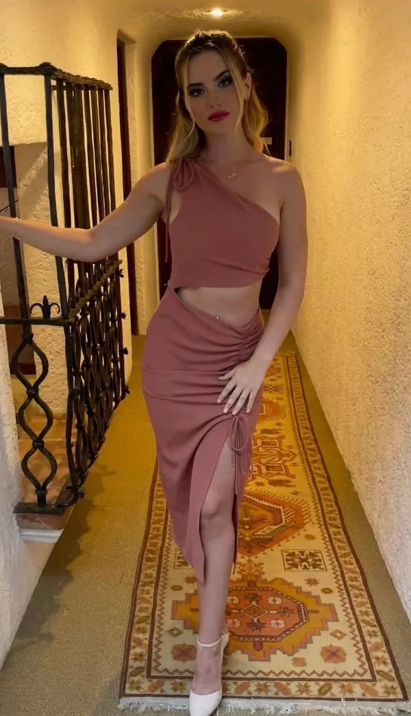 midi dress cut out fitted drapped muave casual party - Image 3