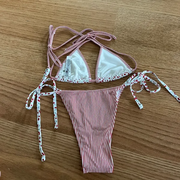 Frankie's Bikinis Red and White Striped & Cherry Print Triangle Bikini - Image 2