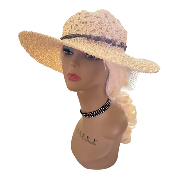 Sun n Sand Crochet Crown Wide Brim Straw Hat with Beads - Image 2