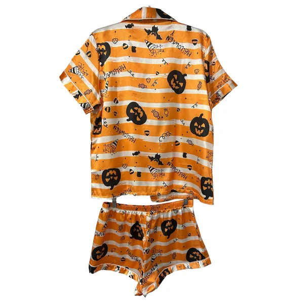 Halloween Pajama Set Pumpkin Bat Candy Satin Button Shirt Shorts XL Spooky Cute - Image 6
