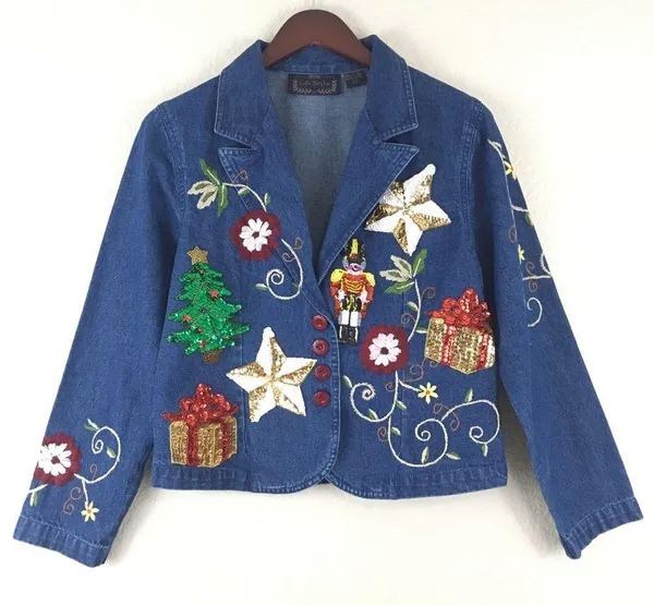 Christmas Sequin Patches Denim Blazer Size L - Image 2