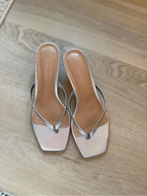 Anthropologie Silver Thong Kitten Heels - Image 3
