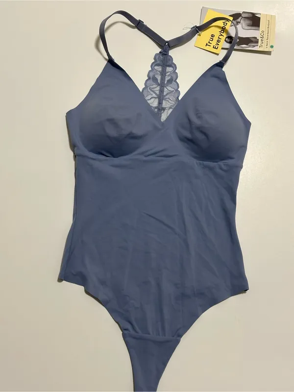 True & Co. Everybody V-Neck Lace Racerback Bodysuit - Stonewash - Size S - Image 3